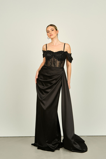 Saygın Black Satin Long Evening Dress with Straps, Sheer and Sequins 2437