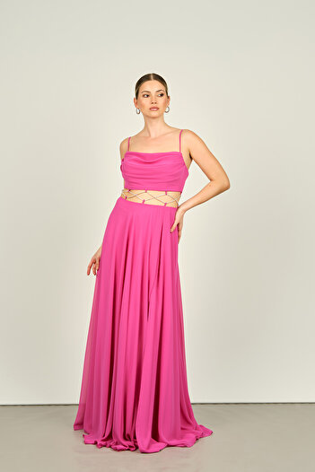 Saygın Fuchsia Chiffon EveninG Dress - Straps, Belly Transparent and Stone DeTailed 4584