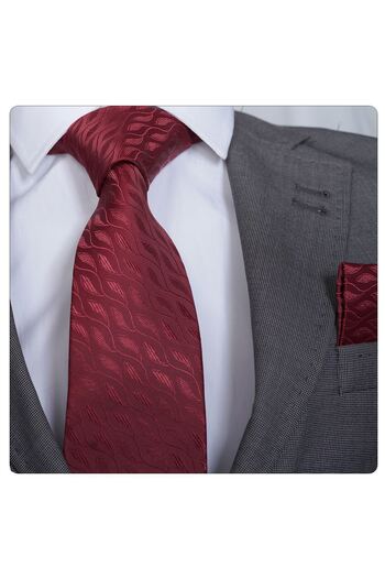 Exve Exclusive Elegant Burgundy Leaf Patterned Necktie and Cardboard Handkerchief Set - Ready to Use