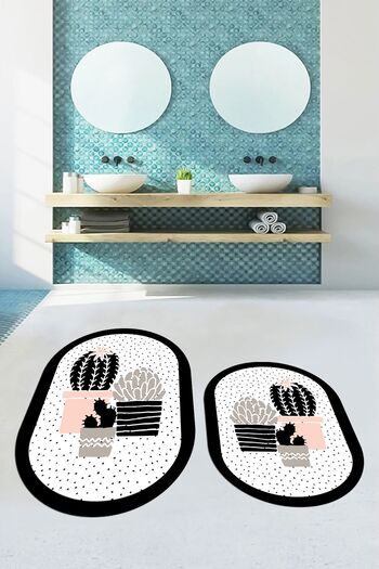 EY HOME Digital Washable Cactus Flower Pattern Double Oval Bathroom Rug Toilet Set, OKLZT-22-WHITE,