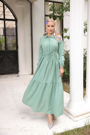 comstar Women's Long Sleeve Gathered Hijab Water Green Long Dress