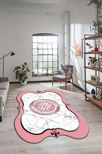EY HOME Pink Marble Patterned Non-Slip Kitchen Rug - Washable Laser Cut, Laser-12-Pink