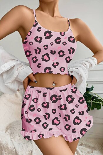 AURA Pink Leopard Patterned Camisole Pajama Set with Mini Shorts - Ribbed Straps
