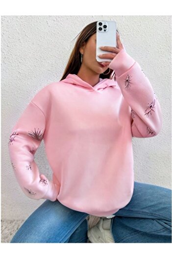MOONBULL Kadın Believe In Yourself Sırt Baskılı Kol Desenli Oversize Kapüşonlu Sweatshirt