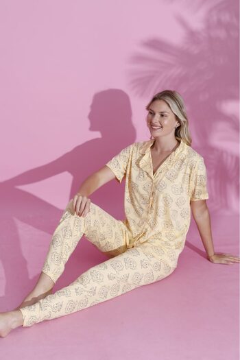 PİJAMOOD Women's Printed Short Sleeve Cotton Front Buttoned Pajamas Set