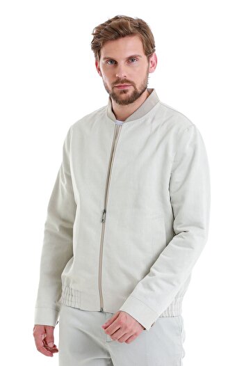 Hatemoğlu Bej Slim Fit Çizgili Dik Yaka Basic Mevsimlik Mont