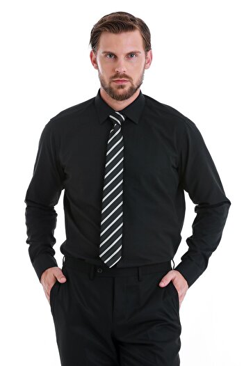 Hatemoğlu Black Slim Fit Patterned Slim Collar Cotton Long Sleeve Shirt