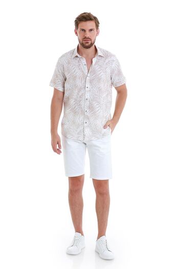 Hatemoğlu Μπεζ Comfort Fit εμπριμέ 100% βαμβακερό κοντομάνικο πουκάμισο με λεπτή λαιμόκοψη