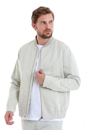 Hatemoğlu Bej Slim Fit Çizgili Dik Yaka Basic Mevsimlik Mont