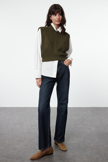 Trendyol Collection Khaki Knitwear Crop Vest - Zippered, Basic Model TWOAW23HI0015