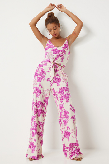 Happiness İstanbul Pink Ecru Viscose Blouse and Palazzo Pants Set - FN03251
