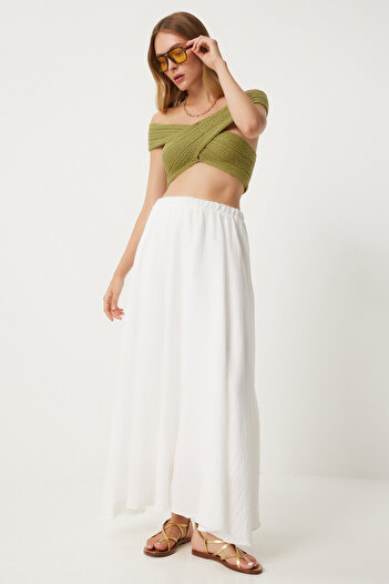 Happiness İstanbul Ecru Linen Blended Long Flounce Women's Skirt - DP00209