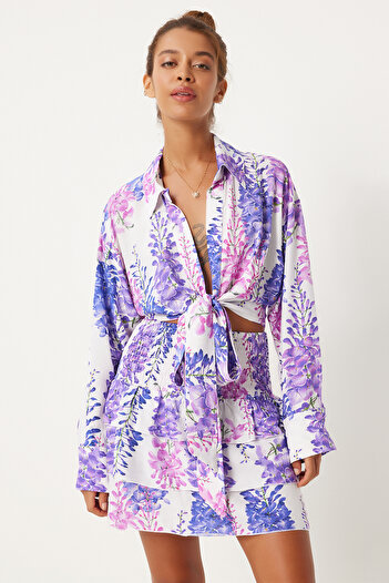 Happiness İstanbul Lilac Ecru Viscose Blouse and Mini Skirt Set - FN03250