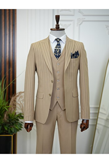 LONATOLİA Men's Slim Fit Cream Suit - Italian Style, Swallow Collar Jacket, Vest, Trousers - Xprzcom820-06