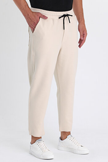 COMBİNE MİCHAİL Ottoman Patterned Men's Jogger Pants - Cotton, Elastic Waist and Drawstring CREAM