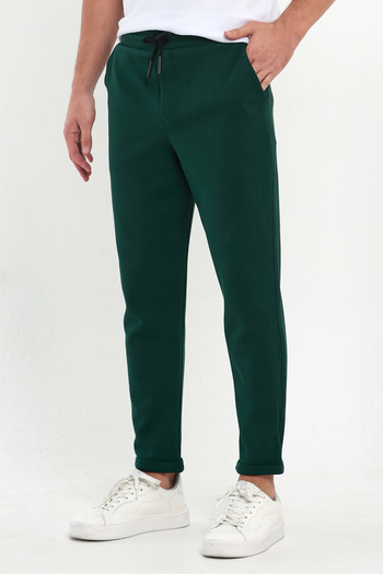 COMBİNE MİCHAİL Men's Jogger Pants - Lacos Pattern, Cotton, Elastic Waist and Drawstring, DARK GREEN