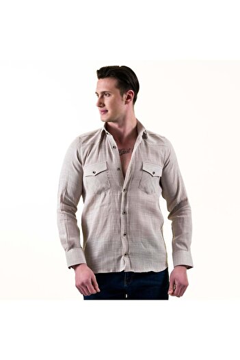 Exve Exclusive Сірий меланж Натуральний льон Slim Fit Подвійні кишені з клапанами Western Malboro Сорочка