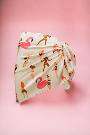 pistore New Season Cream Dancing Flamingo Patterned Satin Women's Beach Dress - Short Pareo
