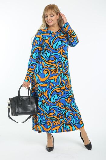 Hazinedan Women's Turquoise Ethnic Pattern Collared Plus Size Dress