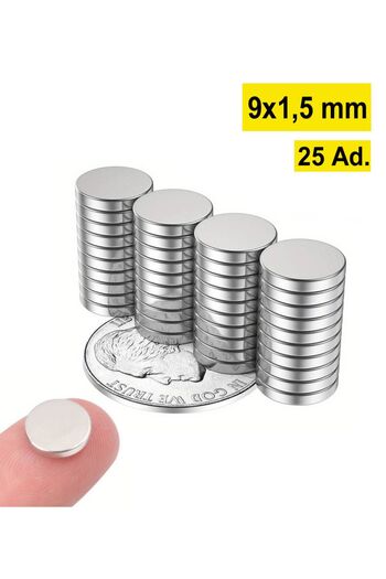 Dünya Magnet 25 Adet - Yuvarlak Süper Güçlü, 9x1,5 Mm, Neodyum Mıknatıs, Çap 9mm X Kalınlık 1,5mm
