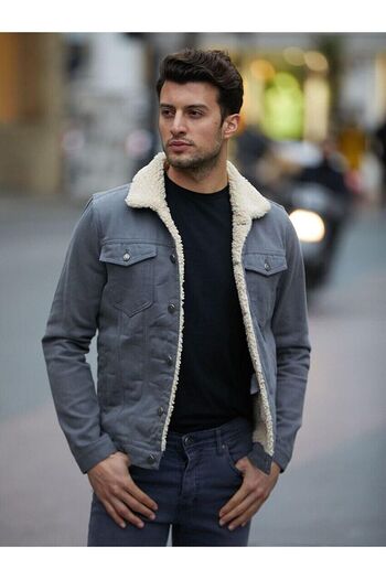 comstar Men's Trendy Winter Fur Lined Denim Jacket Gray