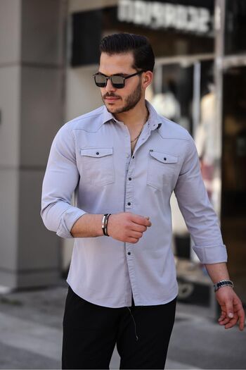 comstar Men's Slim Fit Basic Gray Denim Shirt with Snap Pockets