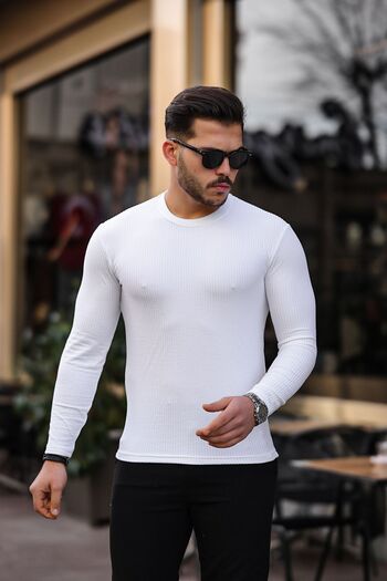 comstar Men's Crew Neck Jacquard Seasonal Tight White Sweat
