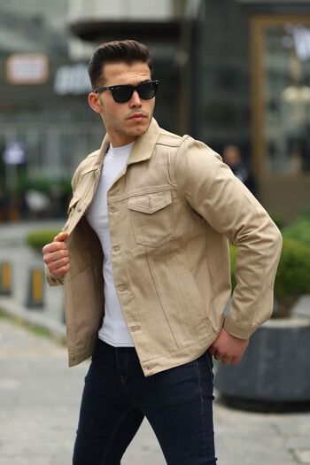 comstar Men's Trend Polo Neck Slim Fit Denim Jeans Beige Denim Jacket