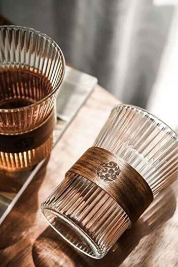 Tohana 320ml Wooden Color Japanese Style Vertical Striped Glass Cup and Mug Set