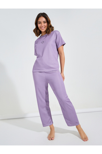 Take Two By Styli Embroidery Detail Textured T-Shirt & Pyjama Set