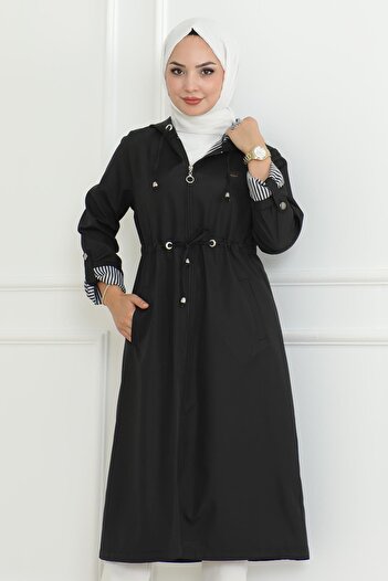 Modamihram Black Hooded Zippered Trench Coat 19205