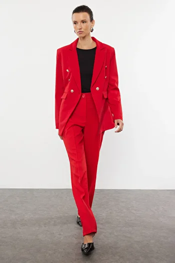 Trendyol Collection Piros szabású blézerkabát - csomózott részletek és bélelt, derékra ülő szőtt TWOAW25BC00021