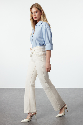 Trendyol Collection High Waist Ecru Wide Leg Trousers - Belted, TWOAW25JE00054