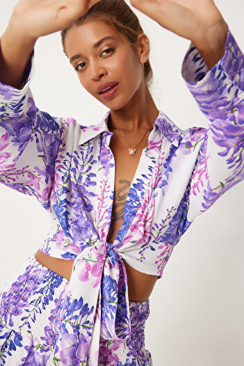 Happiness İstanbul Lilac Ecru Viscose Blouse and Mini Skirt Set - FN03250