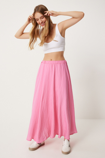 Happiness İstanbul Pink Linen Blended Flounce Long Women's Skirt - DP00209