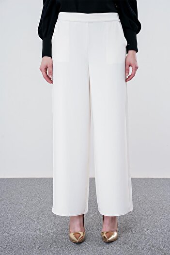 Zühre Wide Leg Ecru Fabric Trousers P-0013