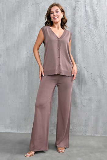bayansepeti High Waist Wide Leg Trousers and Sleeveless Vest - Brown Knitwear Set 103
