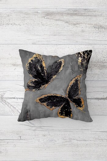 Pelangi Gray Gold 4-Piece Throw Pillow Cover Runner Set - Flying Butterfly, Different Ranir Models