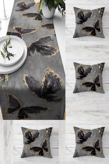 Pelangi Gray Gold 4-Piece Throw Pillow Cover Runner Set - Flying Butterfly, Different Ranir Models