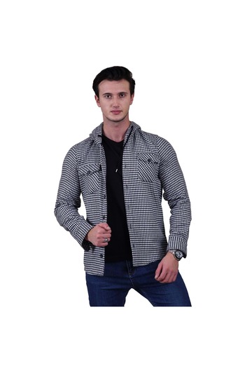 Exve Exclusive Black and White Houndstooth Patterned Hooded Double Pocket Woolen Winter Lumberjack Jacket Shirt
