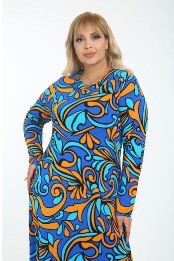 Hazinedan Women's Turquoise Ethnic Pattern Collared Plus Size Dress