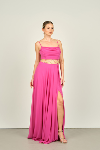 Saygın Fuchsia Chiffon EveninG Dress - Straps, Belly Transparent and Stone DeTailed 4584