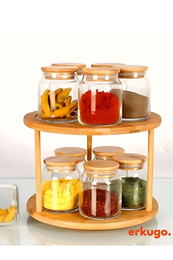 ERKUGO Bamboo Organizer 360 °   Rotating 2-Tier Spice Rack - Presentation and Organizer