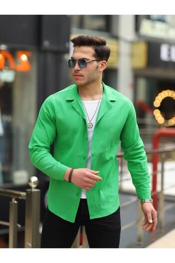 comstar Men's Basic Double Breasted Collar Long Sleeve Green Linen Shirt