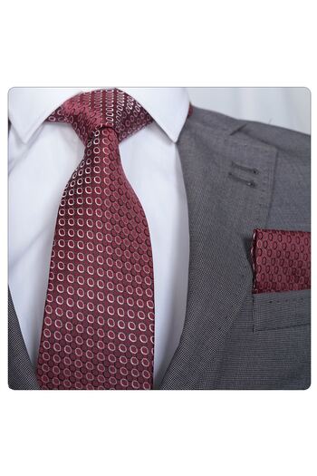 Exve Exclusive Elegant Burgundy Black Circular Patterned Necktie and Cardboard Handkerchief Set - Ready to Use