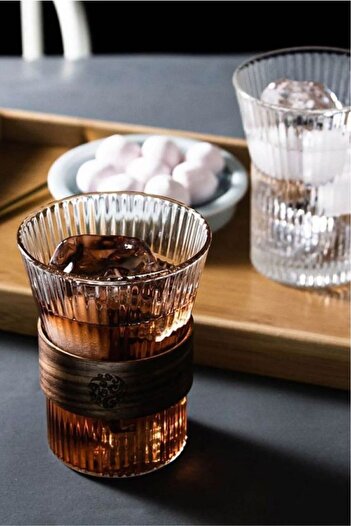 Tohana 320ml Wooden Color Japanese Style Vertical Striped Glass Cup and Mug Set