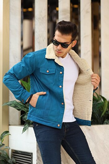 comstar Men's Trendy Fur Denim Jacket - White / Brown
