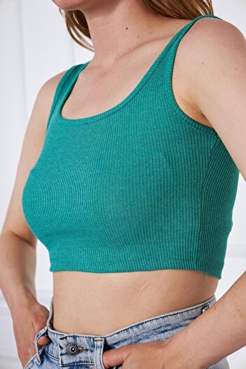comstar Women's Strappy Square Neck Basic Tight Green Crop Top Blouse