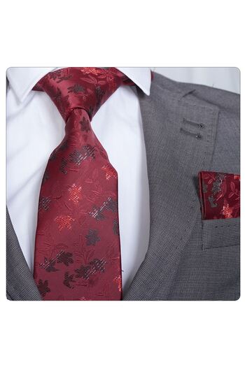 Exve Exclusive Satin Woven Burgundy Floral Patterned Necktie and Paperback Handkerchief Set - Ready to Use