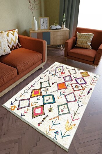 10 Post Online Kilim Yolluk Ekru Turuncu Dijital Baskı Pastel Kaymaz Yuvarlak Oval Kesme Ince Yıkanabilir Halı